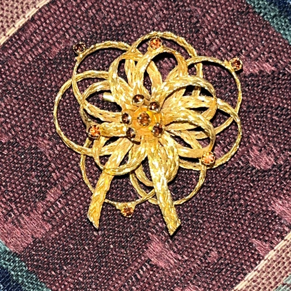 Vintage Brutalist Organic Gold Braided Rhinestone Brooch